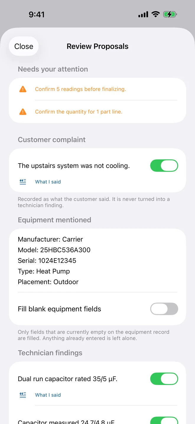 Review Proposals screen: parsed equipment details and capacitor readings, each with a confirmation toggle.