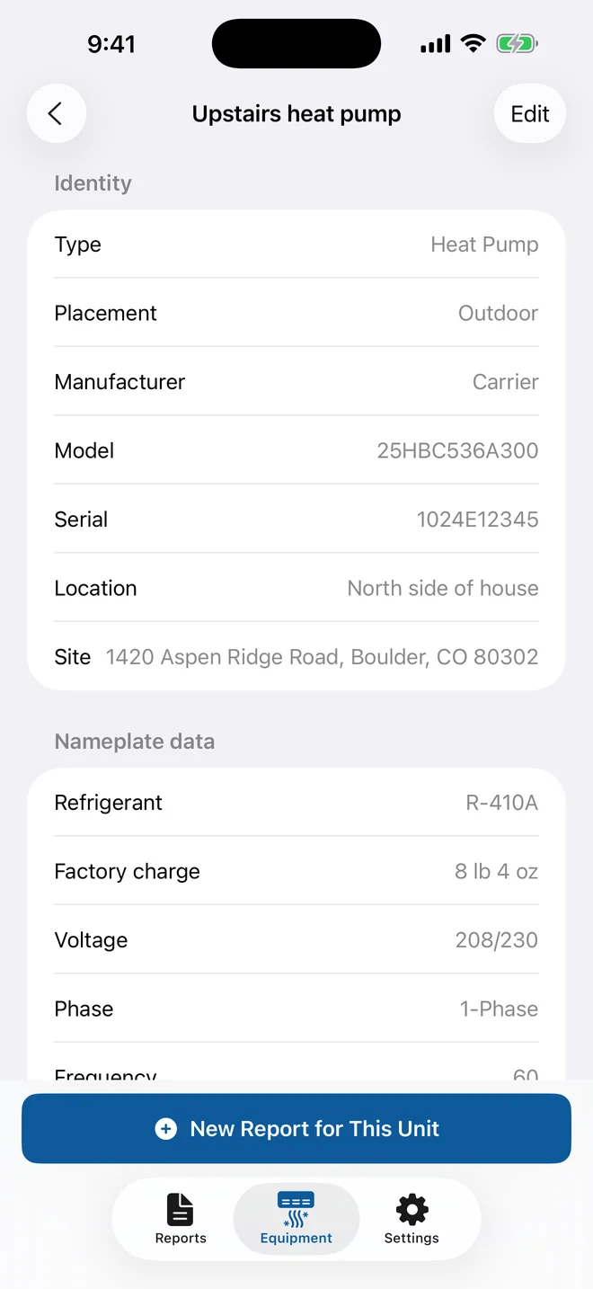 An equipment record showing nameplate data for a sample heat pump, stored on the device.