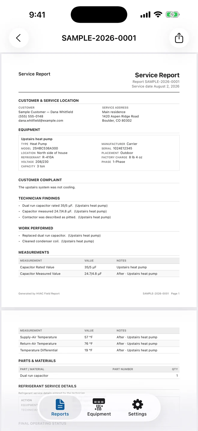 The finished customer PDF, showing equipment details, technician findings and measurements.