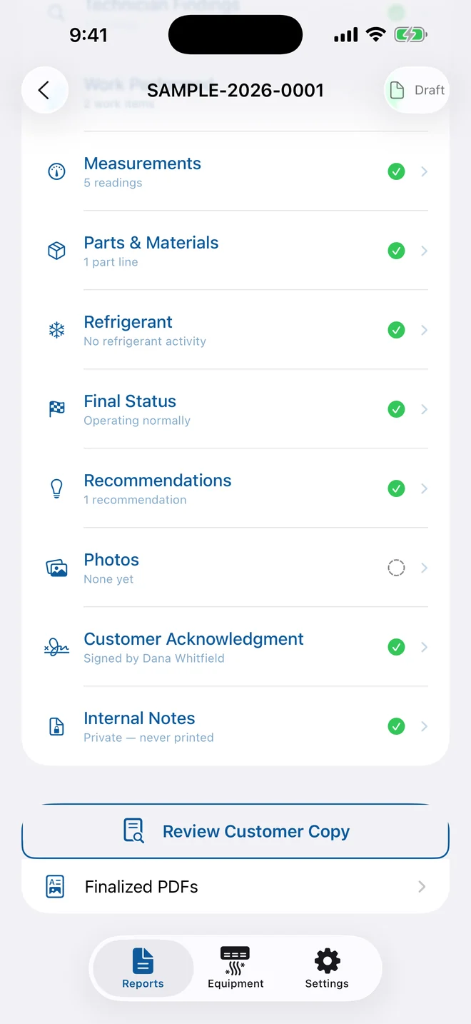 Report section list scrolled to Internal Notes, marked private and never printed.